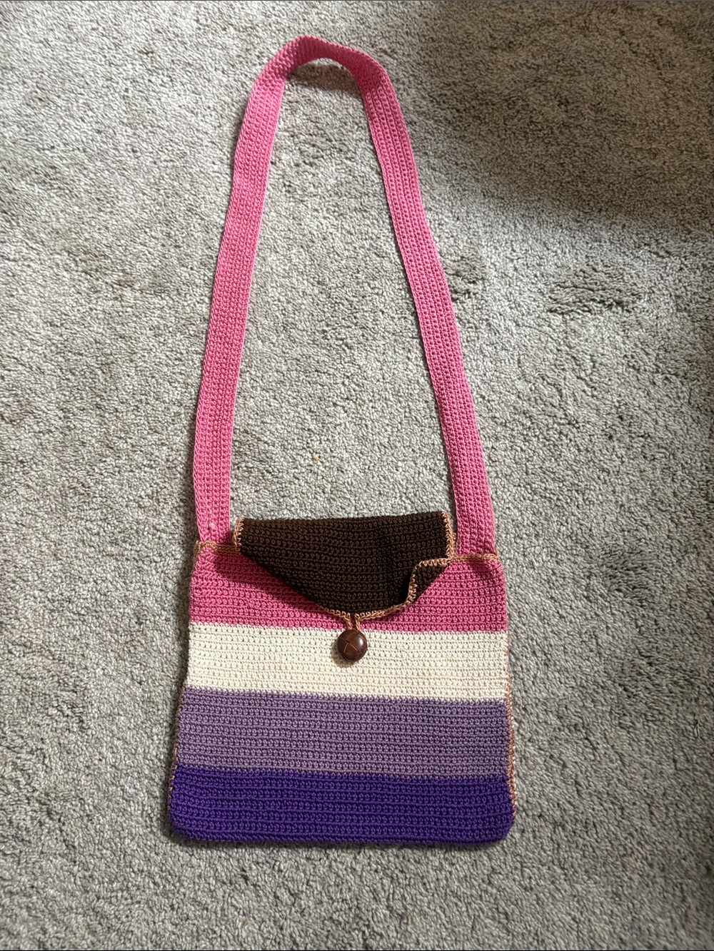 Handmade Crochet Striped Crossbody Bag in Pink, Purple, Cream, Brown medium size
